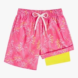 Pink Palm Print Swim Shorts with Yellow Liner youth size 14